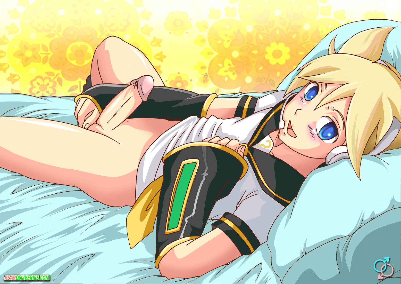 1boy, bbmbbf, bed, blonde hair, blue eyes, bottomless, gay, kagamine len, looking at viewer, male, male only, palcomix, partially clothed, penis, pillow, rear deliveries, solo, tagme, vocaloid