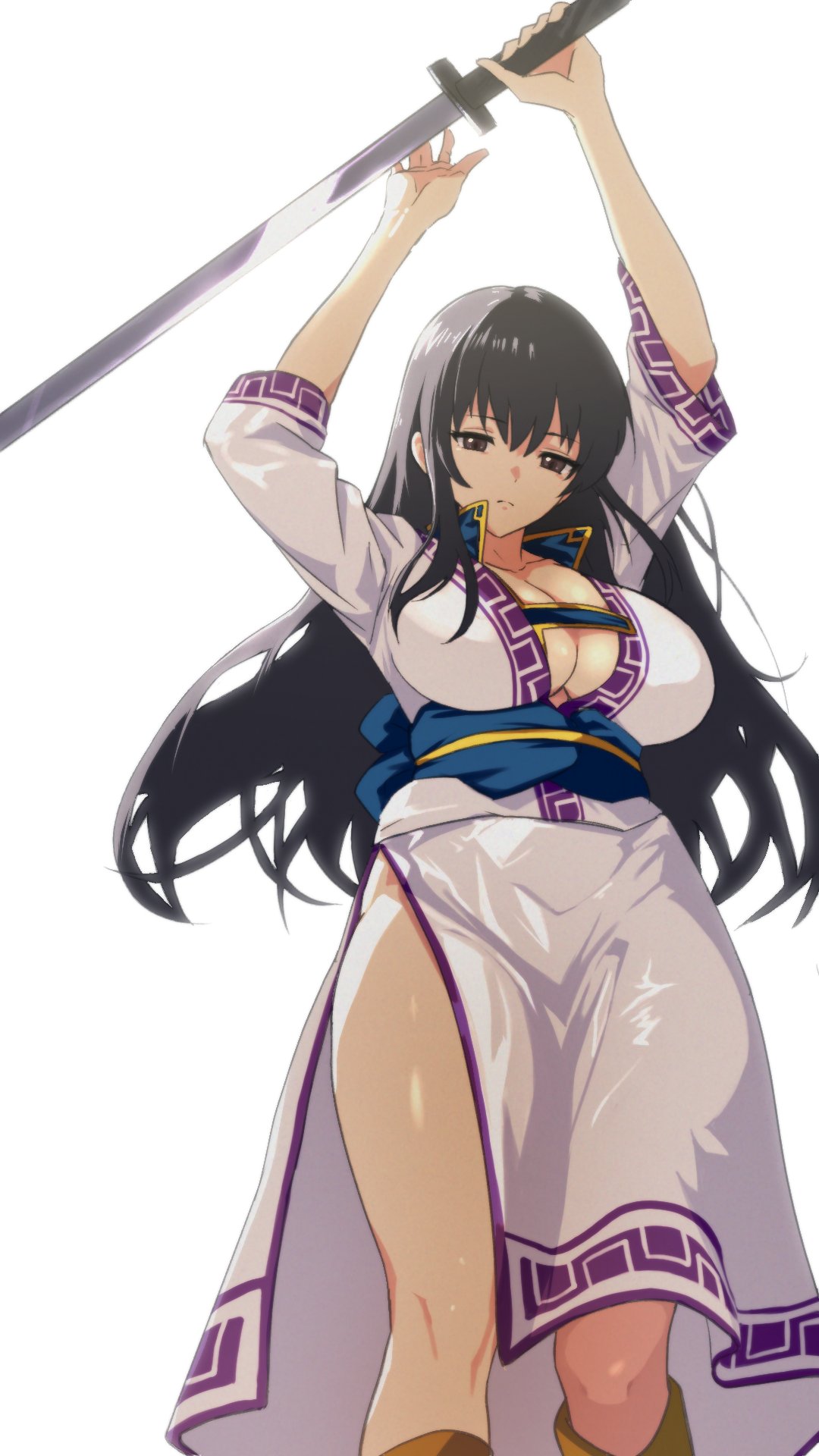 1girls ahonoko black_hair breasts brown_eyes cleavage collarbone expressionless feet_out_of_frame female female_only fire_emblem fire_emblem:_the_blazing_blade grey_eyes highres holding holding_weapon huge_breasts incoming_attack karla_(fire_emblem) long_hair looking_at_viewer nintendo no_panties sash simple_background solo sword thick_thighs weapon white_background