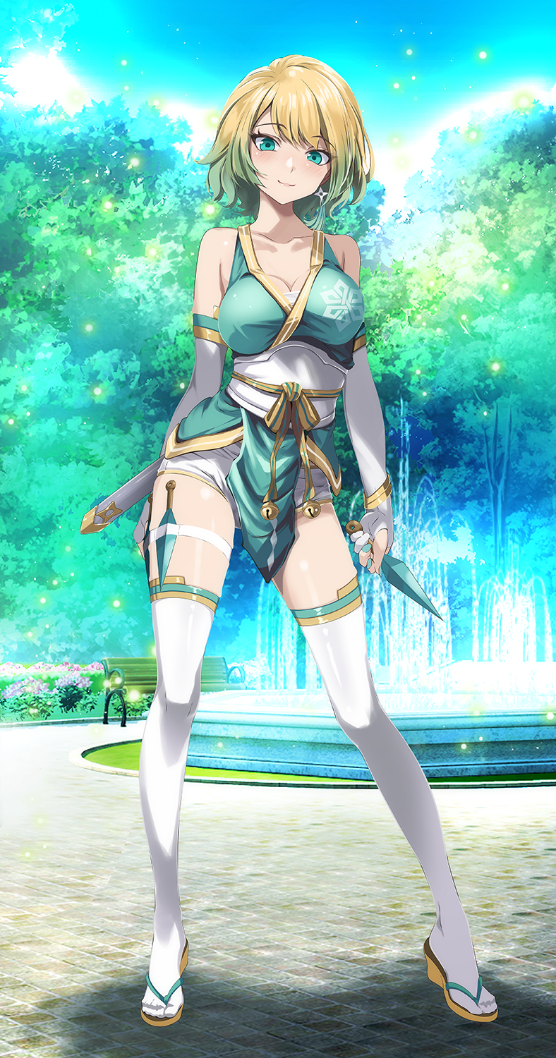 1girls alternate_costume bangs bare_shoulders bare_thighs bell bench blonde_hair bloom blue_eyes blue_nails breasts bush chest_sarashi cleavage collarbone day earrings elbow_gloves female female_only fingerless_gloves fire_emblem fire_emblem_heroes fjorm_(fire_emblem) fjorm_(ninja)_(fire_emblem) fountain full_body gloves gradient_hair highres holding holding_weapon jewelry knife kunai looking_at_viewer medium_breasts multicolored_hair nail_polish ninja nintendo official_alternate_costume outdoors panties park park_bench pelvic_curtain road sandals sarashi short_hair shoulders shuriken slender slender_legs smile solo standing sunlight sword thighhighs thighs tree tsukishiro_saika underwear water weapon white_gloves white_mask white_panties white_shorts white_thighhighs yellow_hair zouri