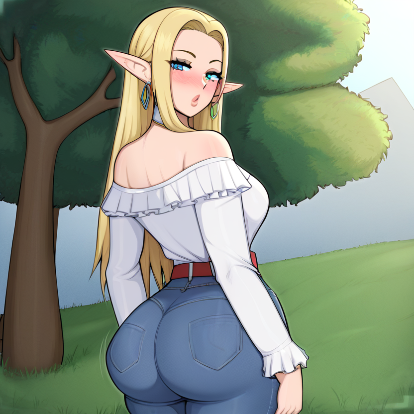 1girls ai_generated alborewimi arched_back ass bare_shoulders belt big_ass big_butt blonde_hair blue_eyes blush denim earrings elf elf_ears female from_behind jeans light-skinned_female looking_at_viewer looking_back off_shoulder outdoors pawg pointy_ears rear_view showing_ass stable_diffusion standing suggestive tight_clothing tight_jeans white_shirt