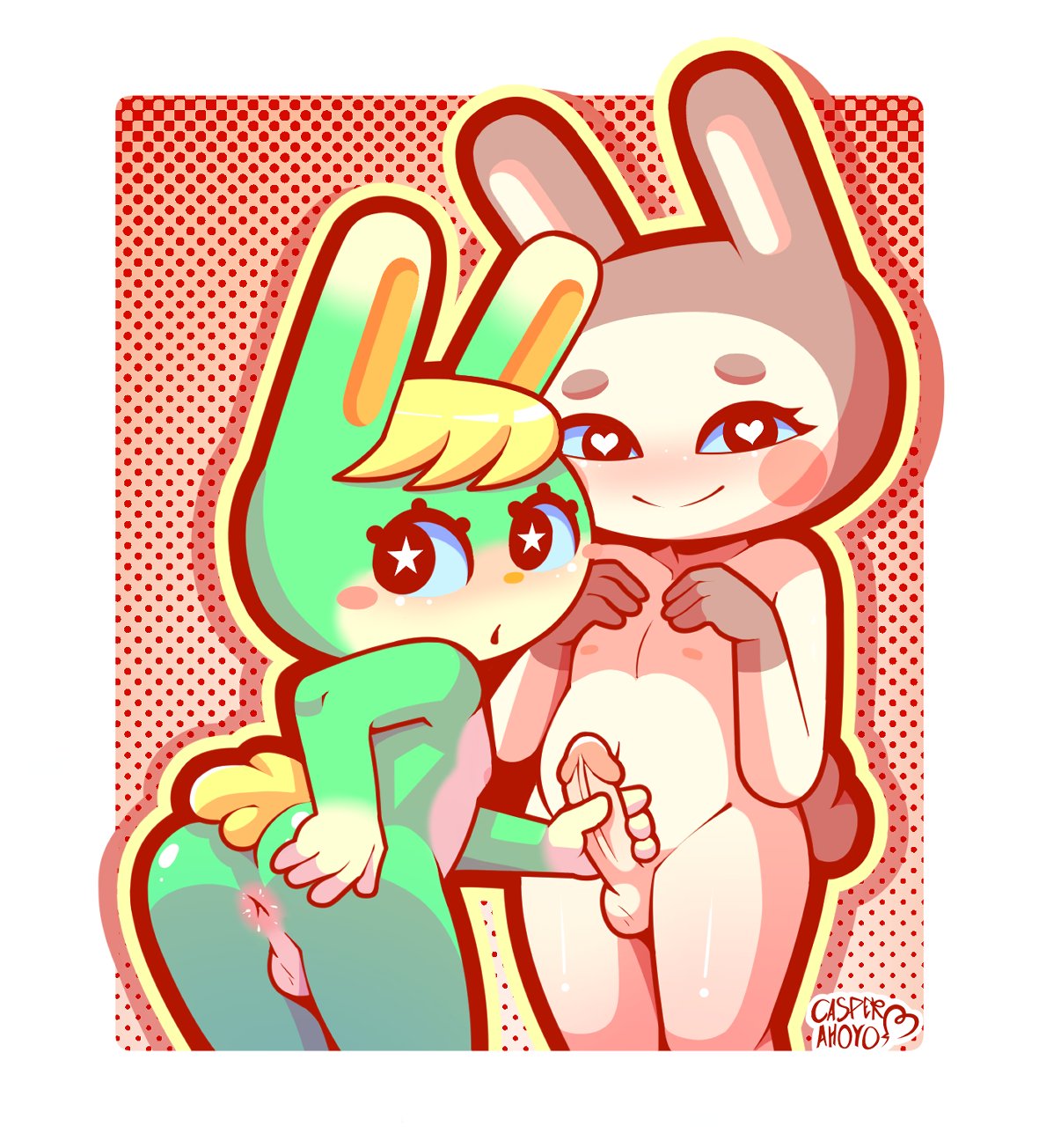 2boys animal_crossing animal_genitalia anus ass asshole balls bunny_ears butt butt_crack cotton_tail eyelashes gay genji_(animal_crossing) girly handjob male penis sasha_(animal_crossing) tagme tophatmahoney twink