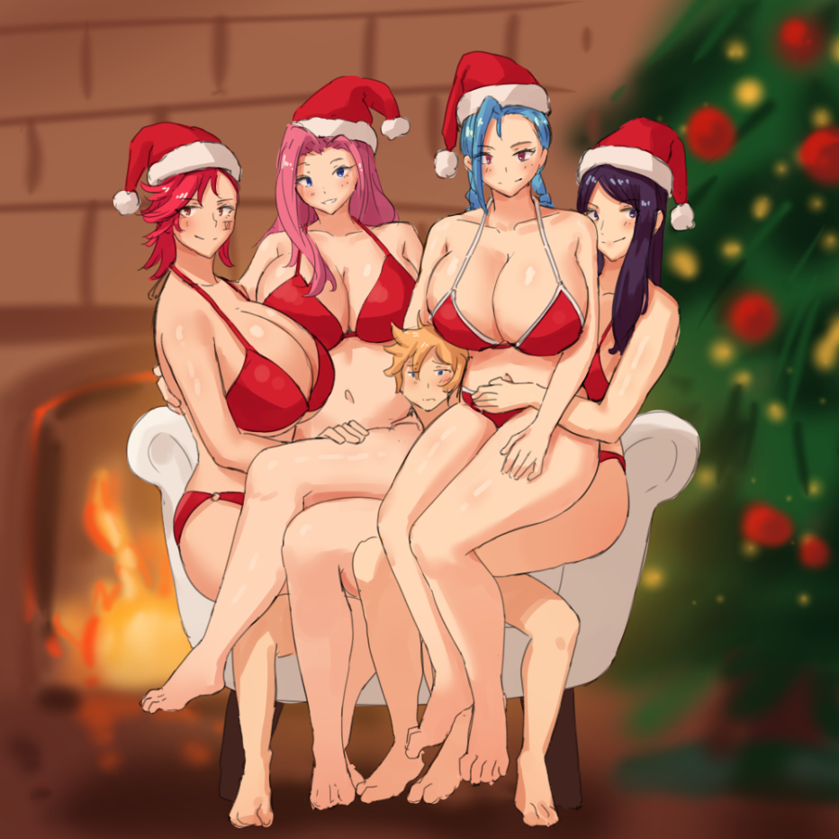 1boy 4girls armchair big_ass big_breasts big_butt big_thighs bra caitlyn_kiramman chair christmas christmas_clothing christmas_headwear clothed crossed_legs cute ezreal female female_on_top femboy femdom fireplace four_on_one jinx_(league_of_legends) large_ass large_breasts large_butt large_thighs larger_female league_of_legends male massive_breasts massive_butt massive_thighs multiple_girls overwhelmed panties pink_hair pressing_breasts pretty_boy seraphine_(league_of_legends) simple_background sitting sitting_down sitting_on_chair sitting_on_lap sitting_on_person size_difference squeezing_breast tagme vi virntagme