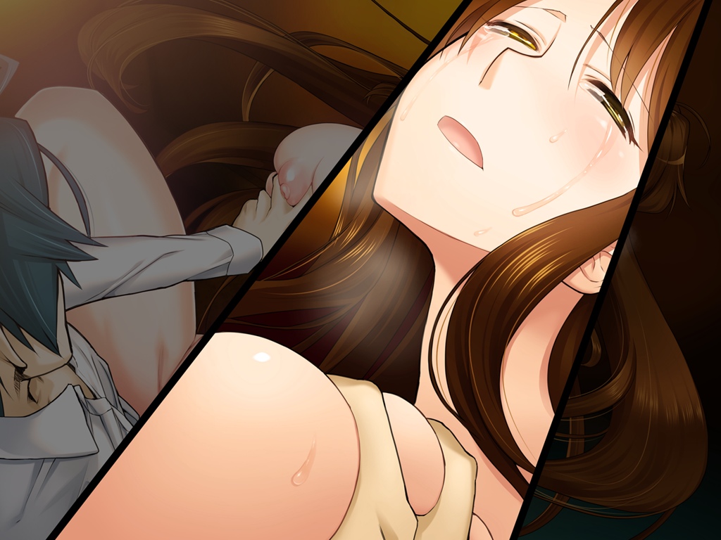 1boy 4:3 breasts brown_eyes brown_hair clothed_male_nude_female female game_cg heterochromia huge_breasts liarsoft long_hair nipples ourai_no_gahkthun sex sweat yellow_eyes