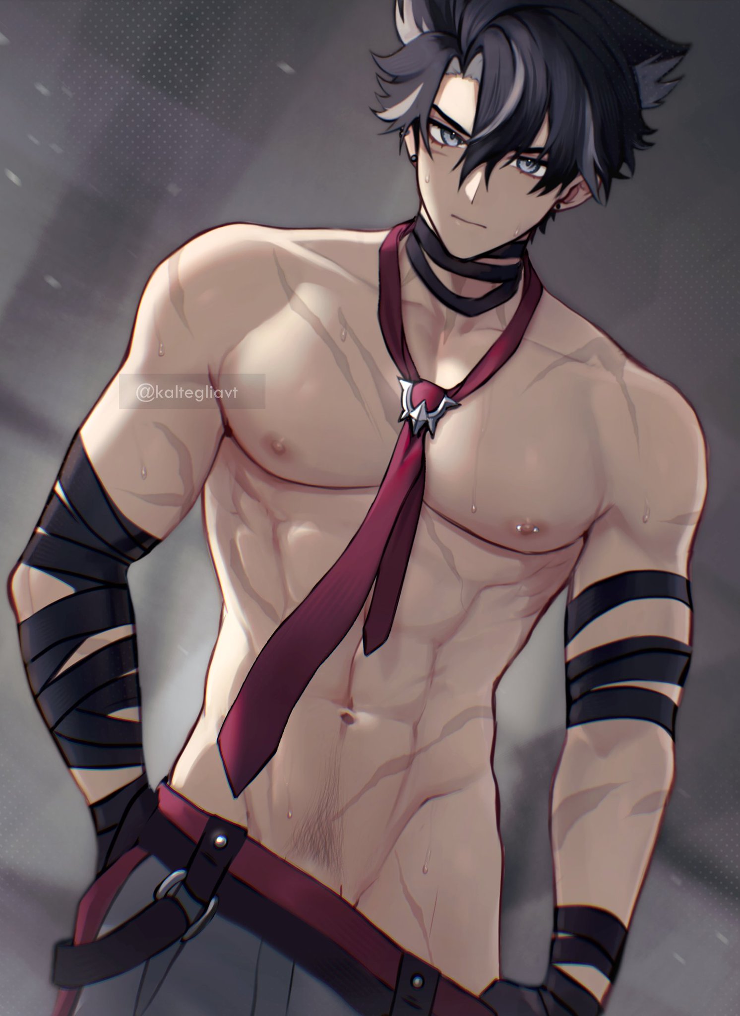 abs, black hair, genshin impact, looking at viewer, male, male focus, male only, masculine, muscular, pecs, pectorals, pierced nipples, piercing, solo, solo focus, solo male, wriothesley (genshin impact)