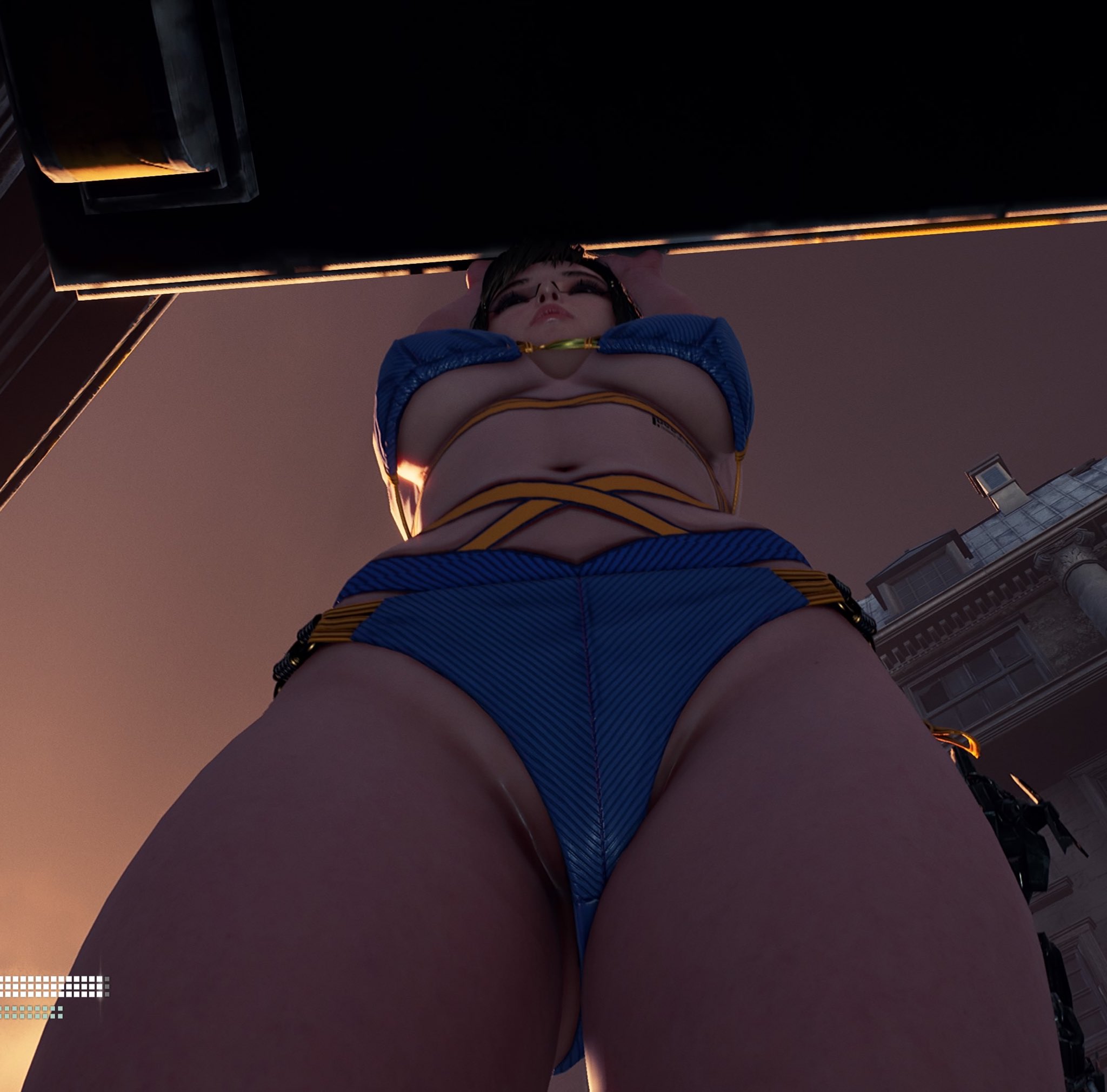 1girls, 3d, asian female, ass, between breasts, between legs, big ass, bikini, blue bikini, breasts, climbing, crotch, curvy, eve (stellar blade), female, gameplay, gameplay screenshot, glasses, large breasts, legs apart, light skin, light-skinned female, navel, ponytail, pussy, pussy peek, red hair, slim waist, solo, stellar blade, thick thighs, thighs, underboob, viewed from below