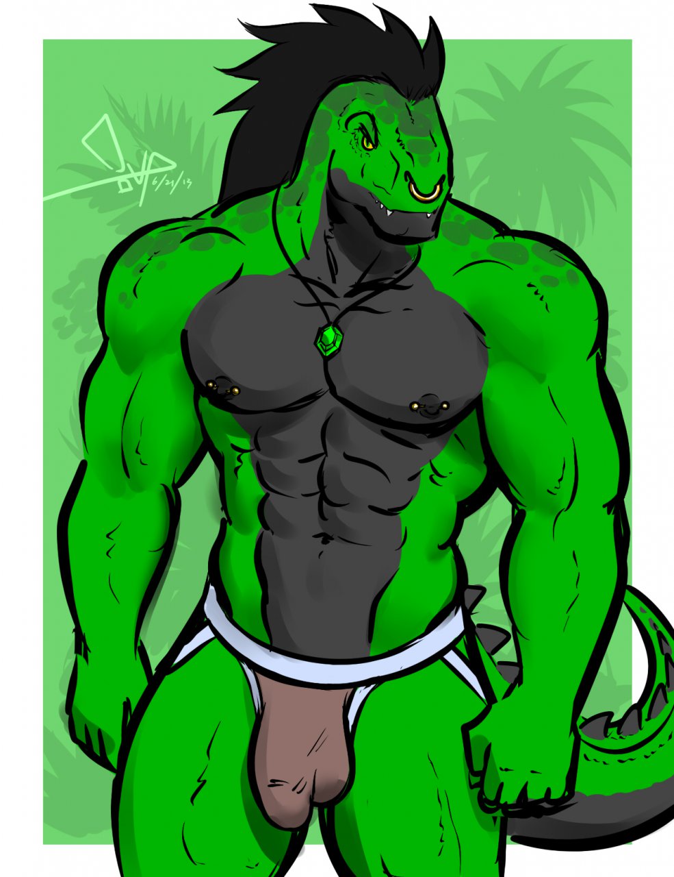 2013 abs anthro bgn biceps demonfan diarmaidhutchence dinosaur hair lizard male male_only muscles nipples pecs piercing pose reptile scales scalie tyrannosaurus_rex