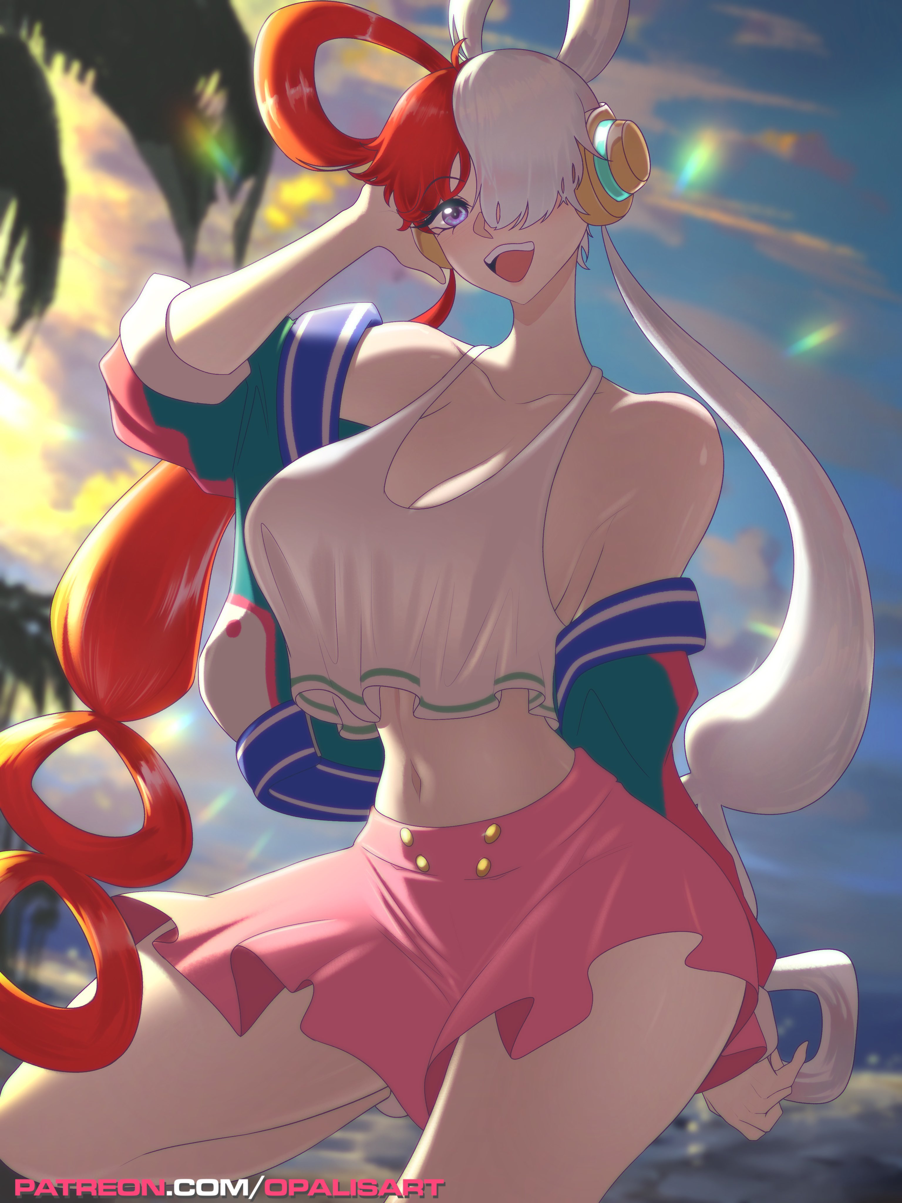 1girls, bare arms, bare legs, bare shoulders, bare thighs, big breasts, breasts, clothed, clothing, color, female, female focus, female only, headphones, hi res, large breasts, light skin, light-skinned female, long hair, looking at viewer, multicolored hair, one piece, opalisart, purple eyes, red hair, red-haired female, shounen jump, solo, solo female, tagme, thick thighs, two-tone hair, uta (one piece), white hair, white-haired female
