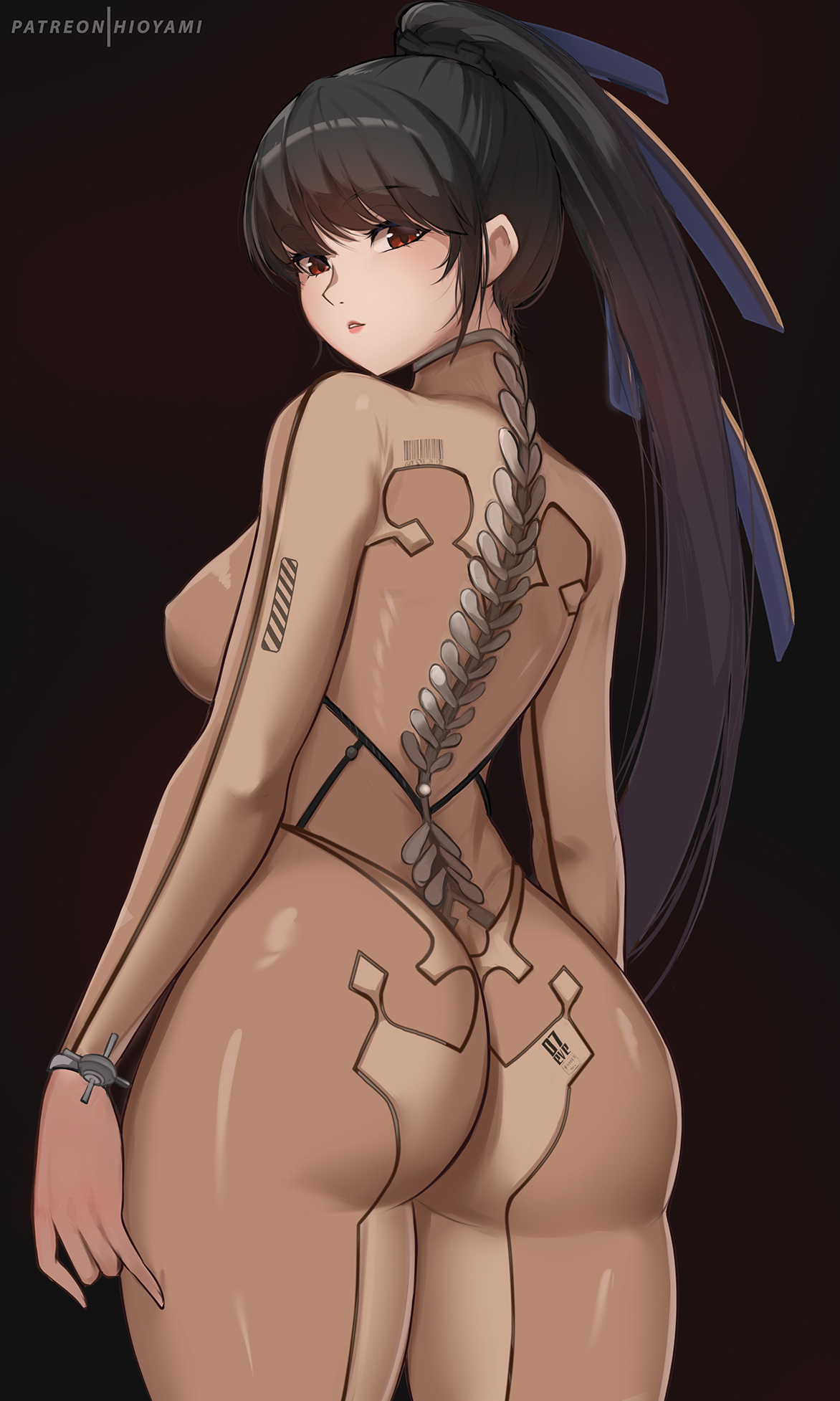 1girls, ass, ass focus, black background, black hair, blunt bangs, bodysuit, breasts, brown eyes, child bearing hips, eve (stellar blade), female, female focus, female only, fully clothed, hand on leg, highres, hioyami, hourglass figure, lips, long hair, looking at viewer, looking back, looking back at viewer, medium breasts, ponytail, revealing clothes, simple background, skin suit (stellar blade), skin tight, slim waist, solo, solo female, solo focus, stellar blade, thighs, tight clothes, tight clothing, two-tone bodysuit, very long hair, wide hips, writing on ass