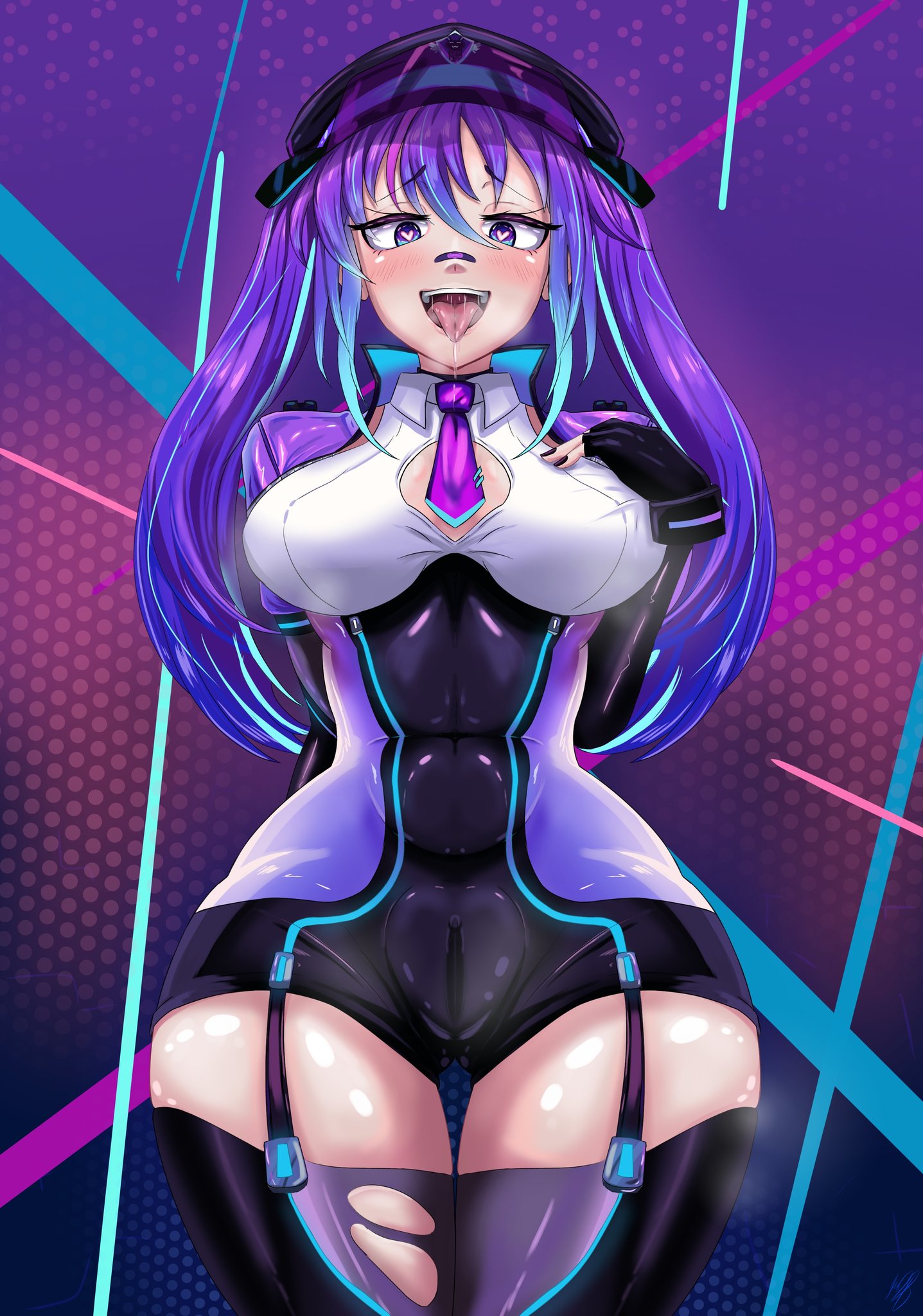 breasts, cameltoe, drooling, female, female only, fully clothed, heart eyes, leggings, light skin, light-skinned female, melody (projektmelody), perky breasts, projektmelody, purple hair, pussy, thick thighs, virtual youtuber, vshojo, vtuber, wide hips