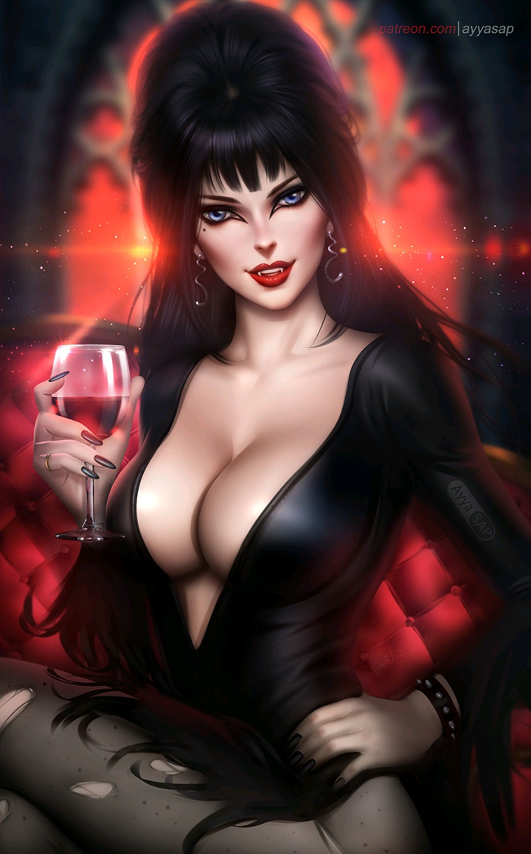 ayyasap big_breasts black_hair black_nails blue_eyes elvira elvira:_mistress_of_the_dark goth long_hair looking_at_viewer milf red_lipstick seductive wine