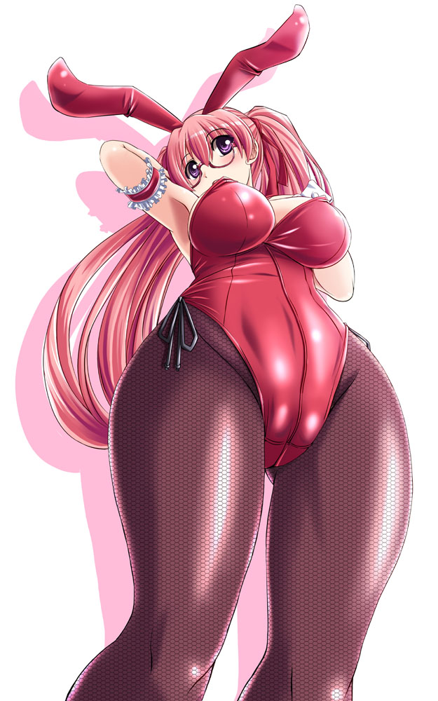 breasts bunny_ears bunny_girl bunnysuit female fishnet_pantyhose fishnets long_hair original pantyhose pink_hair purple_eyes ribbon tied_hair tonpuu twintails wrist_cuffs