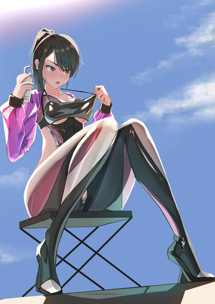 1girls airing_out asian_female black_hair bra bra_strap bra_strap_pull breasts brown_eyes cleavage clothed crotch cutout eve_(stellar_blade) female female_only fully_clothed high_heels hips knees_together_feet_apart legs leotard light-skinned_female long_legs orca_exploration_suit_(stellar_blade) perfect_body ponytail pulling_clothing purple_sleeves shiny_clothes solo solo_female stellar_blade sweat sweating tight_clothing two-tone_leggings underboob