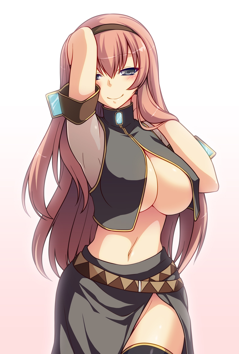 1girls, arm up, armband, clothed, female, grey eyes, hairband, hand up, headphones, long hair, looking at viewer, megurine luka, nipple bulge, no bra, pink hair, seductive pose, solo, tagme, vocaloid