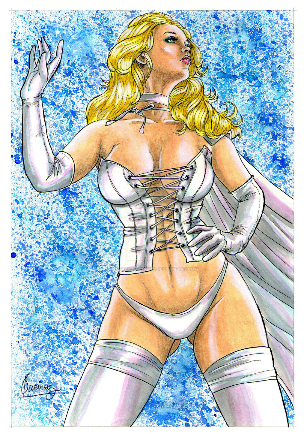 blonde_hair blue_eyes breasts cape cleavage colored corset curvy curvy_female drawing emma_frost female female_only handdrawn hellfire_club hourglass_figure large_breasts lingerie lingerie_only marvel marvel_comics oliver_lee opera_gloves panties thighhighs white_queen x-men