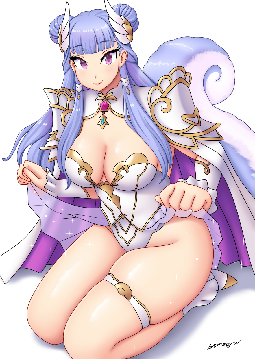 1girls 2024 blue_hair female female_only hair_buns kneeling long_hair looking_at_viewer low_twintails mana_(series) palamena_(visions_of_mana) purple_eyes skindentation smiling smiling_at_viewer solo somegu thick_thighs thigh_strap twin_buns visions_of_mana