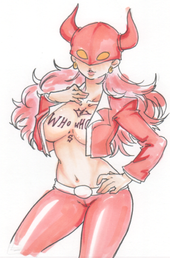 chest_tattoo cleavage covered_eyes cropped_jacket eye_mask female female_only genderswap_(mtf) hand_on_hip horns long_hair looking_at_viewer mask masked masked_female medium_breasts nikaku1sk no_bra one_piece open_jacket open_shirt pink_hair rule_63 solo suit tattoo traditional_media_(artwork) who's_who_(one_piece)