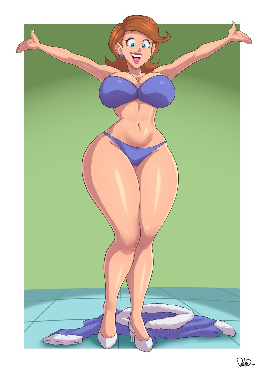 1girls, big breasts, bikini, bikini bottom, bikini top, blue eyes, breasts, brown hair, canonical scene, cleavage, earrings, female, female only, green background, it still fits, large breasts, lipstick, looking at viewer, milf, navel, nickelodeon, open mouth, parvad, redraw, solo, solo female, solo focus, the fairly oddparents, thick thighs, thighs, timmy's mom, white background, wide hips