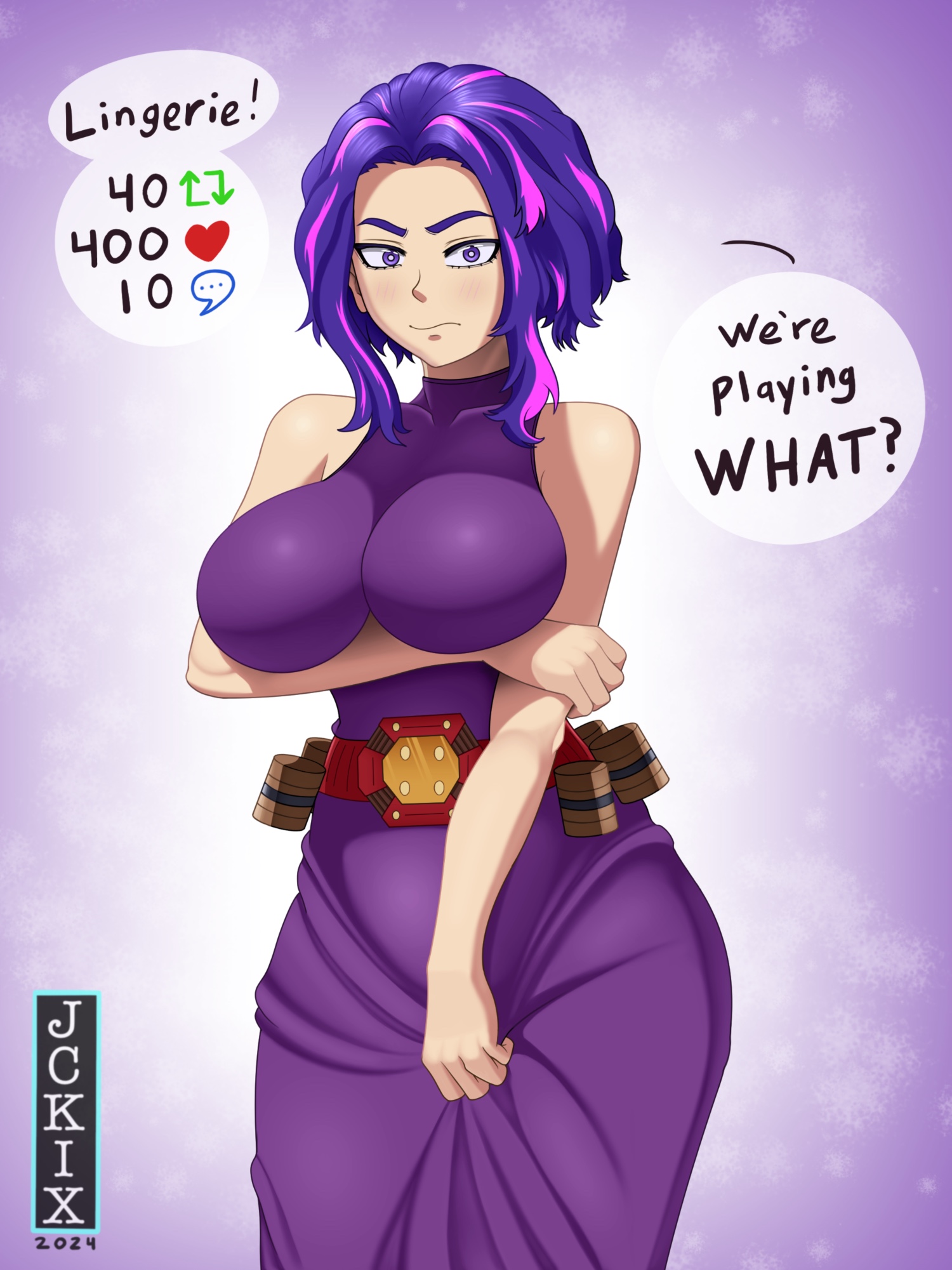 1girls, 2024, 2d, 2d (artwork), artist name, bare arms, bare shoulders, big breasts, breasts, clothed, clothed female, clothing, color, dress, english text, female, female focus, female only, fully clothed, hi res, human, human only, jckix art, kaina tsutsumi, lady nagant, large breasts, light skin, light-skinned female, looking at viewer, mature female, my hero academia, purple eyes, purple hair, purple-haired female, questionable, short hair, solo, solo female, text, text bubble, thick thighs, unsuspecting