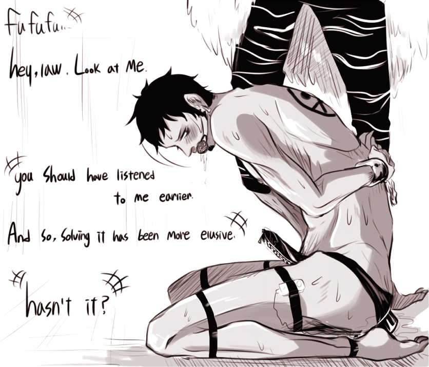 2boys, anal insertion, arms behind back, ball gag, bondage, bound ankles, bound penis, bound wrists, cmnm, donquixote doflamingo, donquixote pirates jolly roger, english, erection, forced yaoi, frogtie, gag, gay, handcuffed, kneeling, male, male only, male urethral insertion, malesub, monochrome, nude, one piece, penile urethral insertion, penis, rape, sweat, tattoo, trafalgar law, urethral insertion, vibrator, yaoi