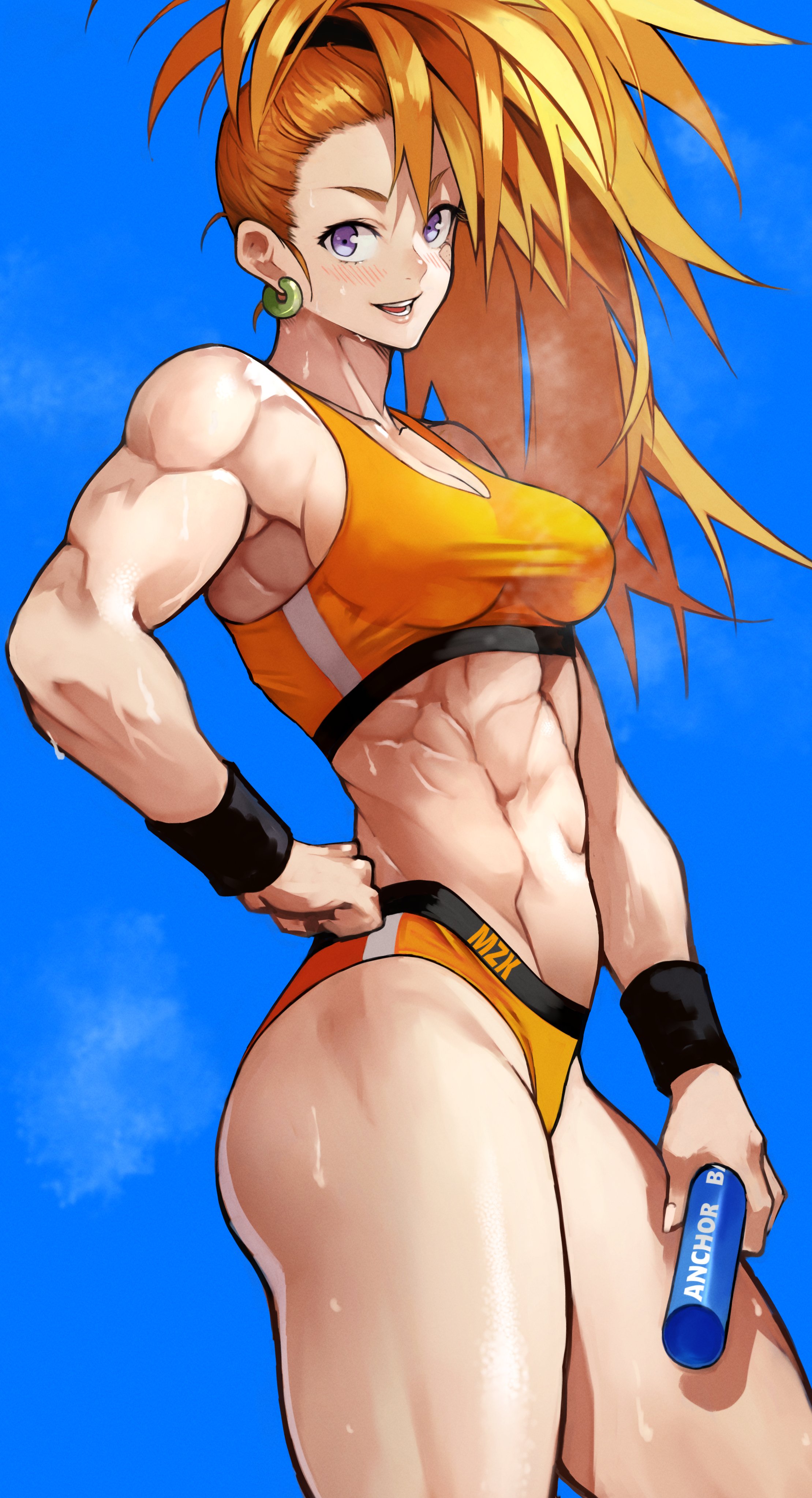 1girls, abs, absurd res, biceps, blush, breasts, captain mizuki, cleavage, female, hi res, highleg, large breasts, looking at viewer, midriff, muscular, muscular female, navel, obliques, one-punch man, open mouth, orange hair, ponytail, purple eyes, side ponytail, simple background, smile, solo, sports bra, sportswear, sweat, thong, yoshi55level