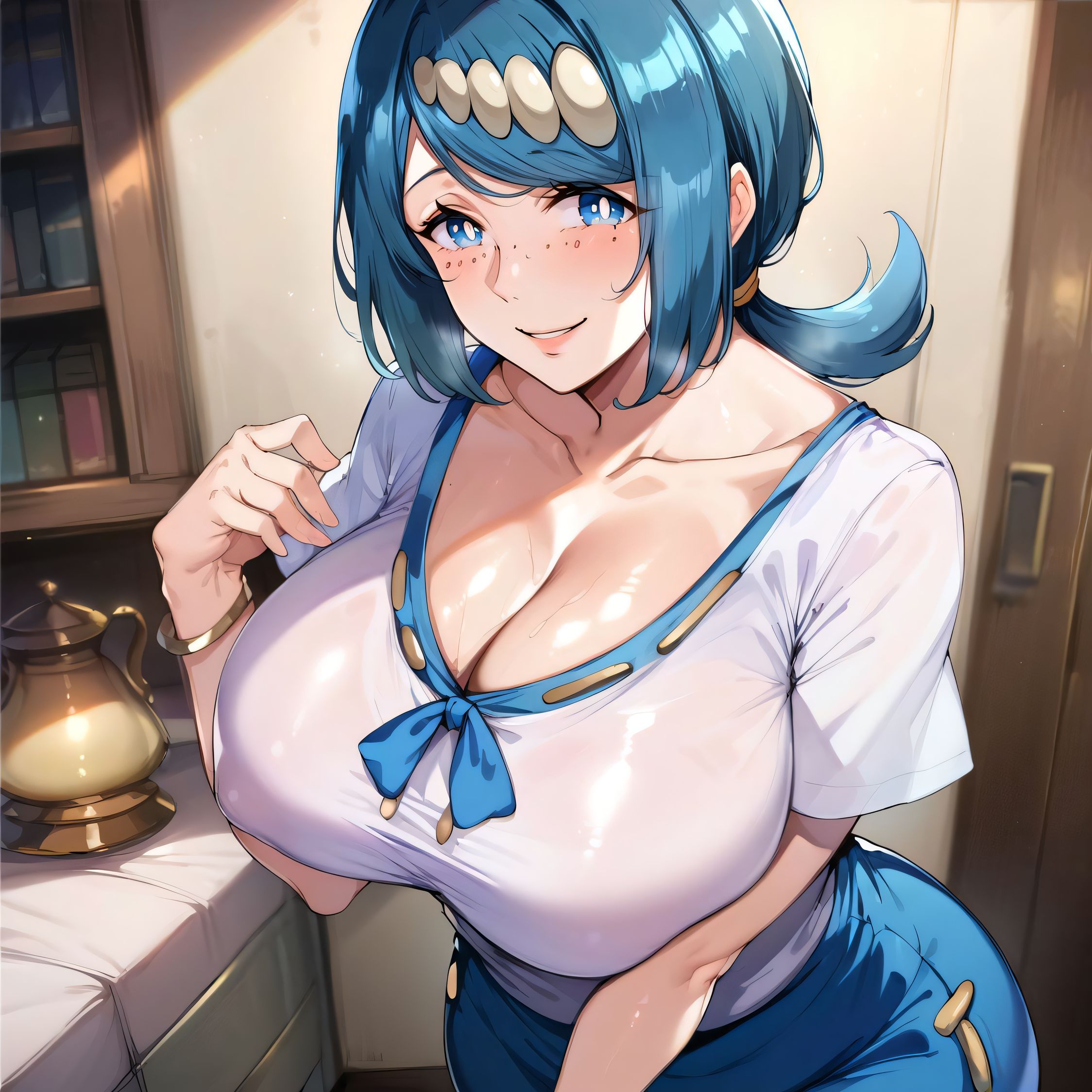 1girls, ai generated, alternate breast size, big breasts, breasts, busty, curvaceous, curvy, curvy body, curvy female, curvy figure, female, huge breasts, lana's mother (pokemon), large breasts, nipples, pokemon, sweat, sweating, sweaty, sweaty body, sweaty breasts, thick thighs, thighs, venus body