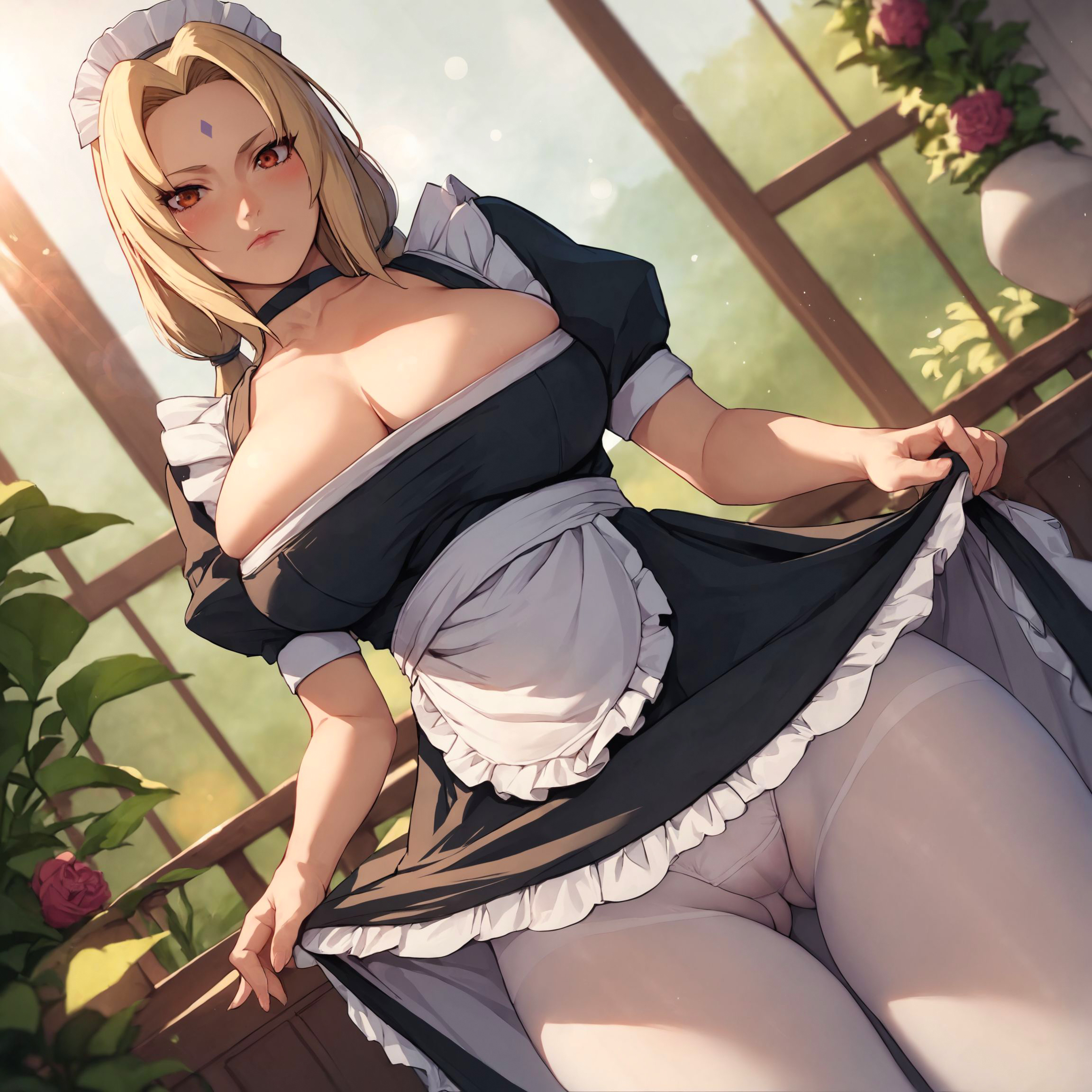 1girls, ai generated, alex-schura, blonde female, blonde hair, blush, blush lines, boruto: naruto next generations, breast squeeze, breasts, breasts out, brown eyes, cleavage, cleavage cutout, cleavage overflow, dress, dress lift, embarrassed, female, forehead, forehead gem, forehead jewel, forehead mark, from below, huge breasts, indoors, kneeling, large breasts, lifted by self, maid, maid headdress, maid outfit, maid uniform, mature, mature female, milf, naruto, naruto (classic), naruto (series), naruto shippuden, naruto: the last, nipples, nipples visible through clothing, panties, pantyhose, pantyshot, pantyshot (standing), red lipstick, see-through, see-through clothing, stable diffusion, standing, tsunade, viewed from below, visible nipples, voluptuous, voluptuous female