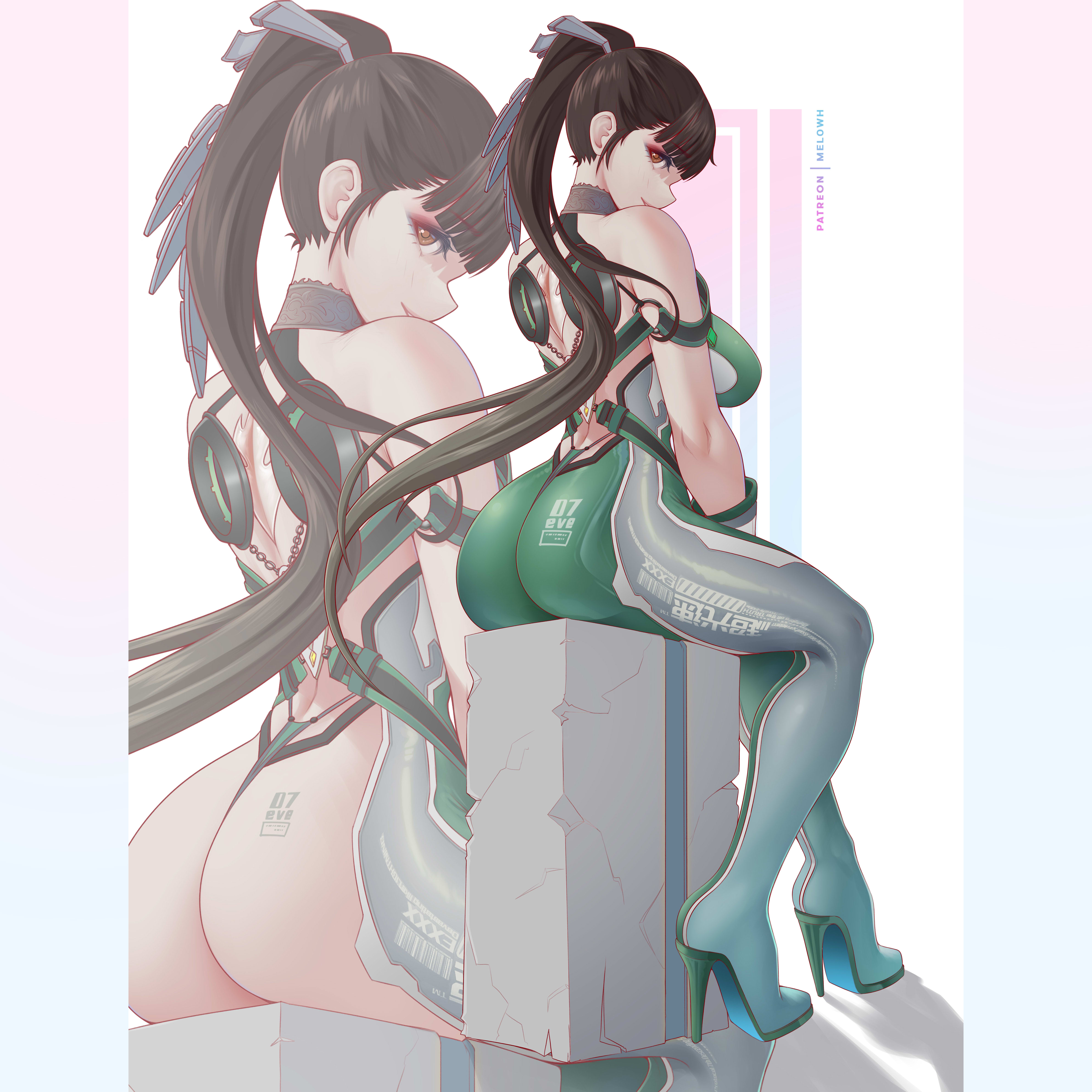 1girls, ass, bodysuit, breasts, brown eyes, brown hair, eve (stellar blade), female, female only, hi res, hips, huge ass, huge breasts, light skin, light-skinned female, long hair, melowh, naughty face, stellar blade, thick thighs, thighs, wide hips