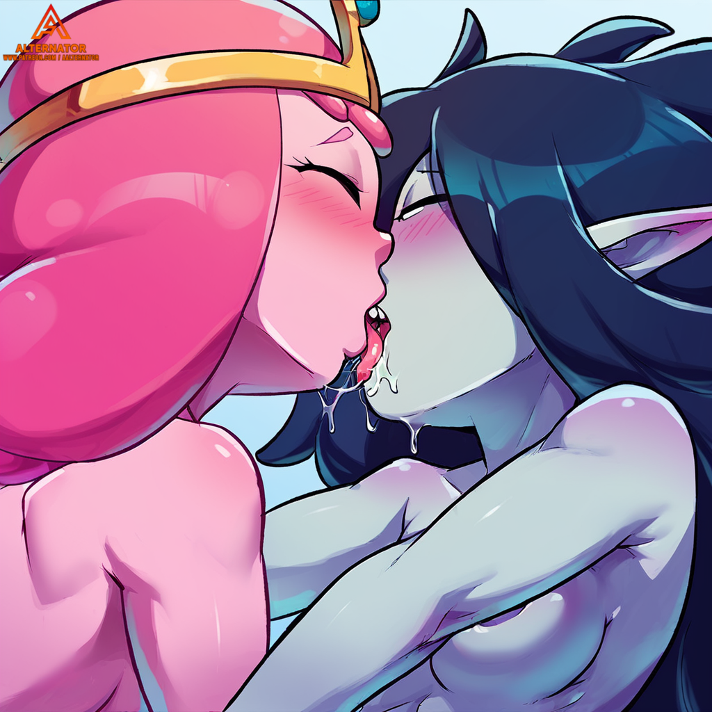 2girls aalternator adventure_time ai_generated alternate_version_available anime_style black_hair boobs breasts bubble_gum cartoon_network digital_art fantasy kissing long_hair marceline marceline_the_vampire_queen medium_breasts patreon patreon_username pink_body pink_hair pink_skin princess_bubblegum saliva saliva_drip saliva_string sloppy sloppy_kiss small_breasts tongue tongue_kiss tongue_out two_girls vampire vampire_girl yuri