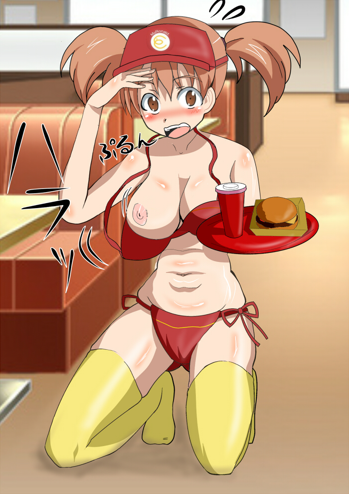 1girls ascii_media_works bad_id bad_pixiv_id blush bra breasts brown_eyes brown_hair clothing dengeki_daioh drink embarrassed female hataraku_maou-sama! kneeling makotosama4nd0 matching_underwear mgronald's_restaurant mgronald's_uniform nipple_slip nipples one_breast_out open_mouth panties red_bra red_panties sasaki_chiho short_hair source_request spread_legs thighhighs tied_hair twintails unprofessional_behavior white_fox_(studio) wide_eyed work_uniform yellow_legwear yellow_thighhighs