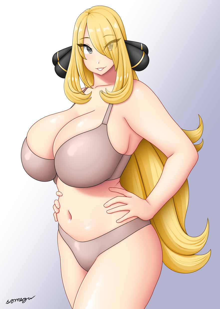 1girls 2024 big_breasts blonde_hair bra cynthia_(pokemon) female female_only grey_eyes hands_on_hips long_hair looking_at_viewer nintendo panties pokemon pokemon_dppt smiling smiling_at_viewer solo somegu thick_thighs