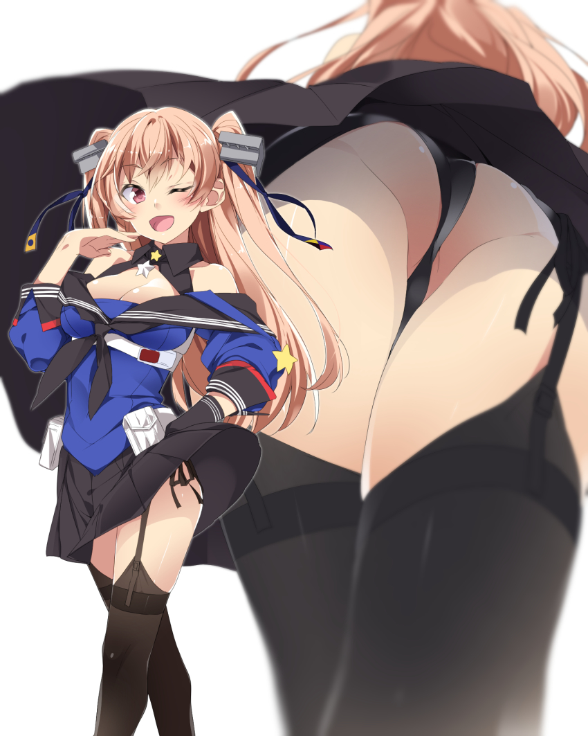 ass black_gloves black_neckerchief black_panties black_sailor_collar black_skirt black_thighhighs blue_shirt breasts brown_eyes cleavage collarbone female from_below garter_straps gloves hair_between_eyes highres johnston_(kantai_collection) kantai_collection light_brown_hair long_hair long_sleeves medium_breasts mtu_(orewamuzituda) multiple_views neckerchief off-shoulder_shirt off_shoulder one_eye_closed open_mouth panties pantyshot pleated_skirt sailor_collar sailor_shirt shirt single_glove skirt smile star_(symbol) thighhighs two_side_up underwear upskirt