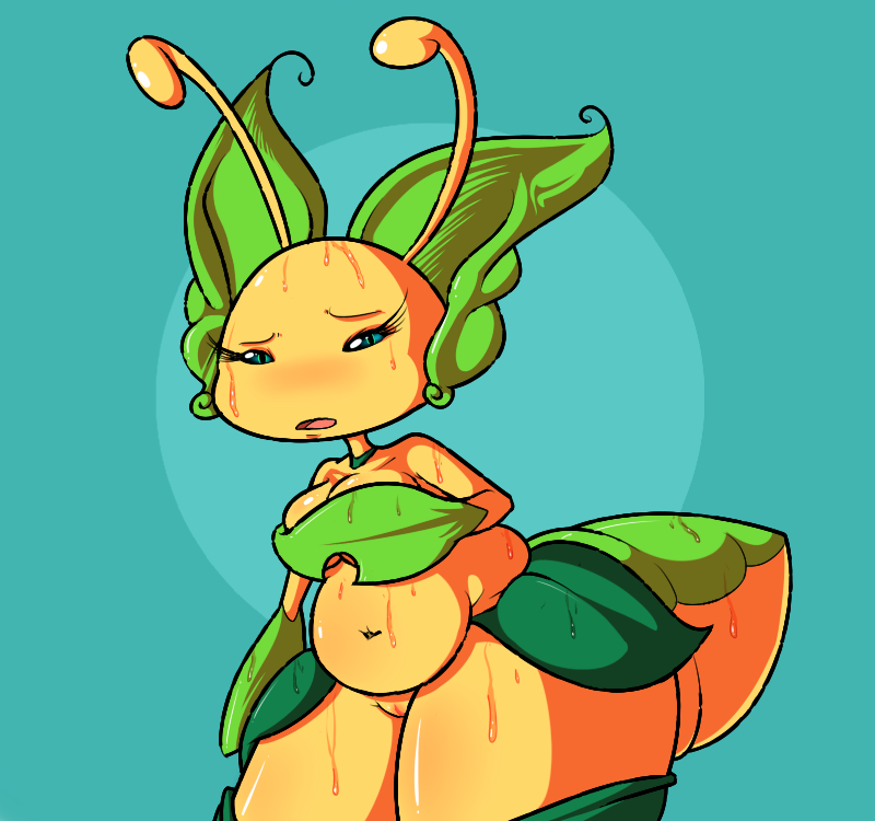 abdomen antennae anthro belly blush breasts chubby female flora_fauna insect leavanny long_eyelashes overweight overweight_female pokemon pussy quagsireofvp solo sweat thick_thighs turquoise_eyes wet wide_hips