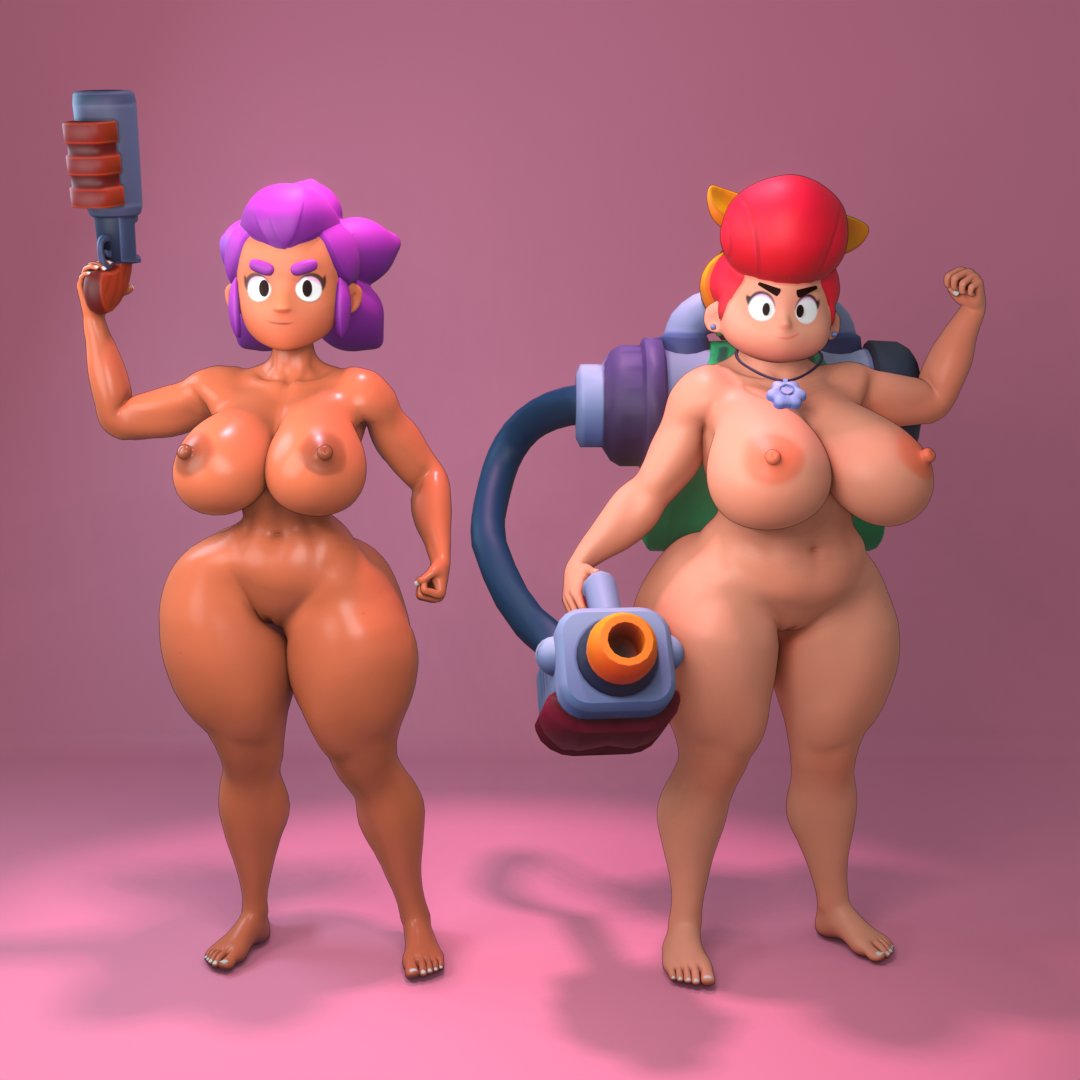 2girls barefoot brawl_stars breasts casual completely_nude completely_nude_female dark_skin female female_only full_body gun human mrvector_3d multiple_girls naked naked_female nude nude_female pale_skin pam_(brawl_stars) pussy shelly_(brawl_stars) weapon