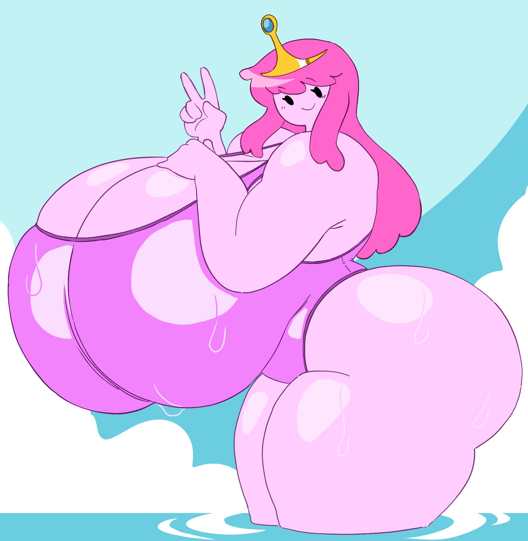 1girls, adventure time, angstrom, ass, big ass, big breasts, big butt, breasts, cartoon network, crown, female, female focus, female only, gigantic breasts, hand on breast, hand on own breast, huge ass, huge breasts, looking at viewer, massive breasts, mob face, one-piece swimsuit, peace sign, pink body, pink hair, pink skin, princess, princess bubblegum, smile, solo, solo female, solo focus, swimsuit, thick ass, thick thighs, warner brothers, water
