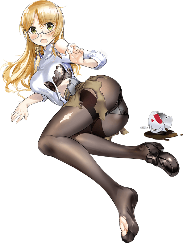 ass bad_anatomy black_bra black_panties black_pantyhose blonde_hair blush bra brown_skirt coffee cup female full_body glasses green_eyes kantai_collection long_hair long_sleeves northampton_(kantai_collection) official_alternate_costume official_art open_mouth panties pantyhose semi-rimless_eyewear shirt skirt solo thighband_pantyhose torn_bra torn_clothes torn_pantyhose torn_shirt torn_skirt transparent_background underwear white_shirt zeco