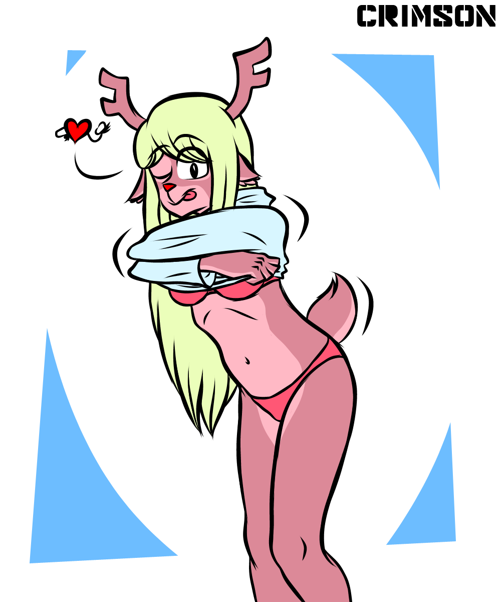 1girls 2d anthro anthro_female anthro_only antlers bra deer deltarune female female_anthro female_only fur furry furry_female furry_only golden_hair heart humanoid humanoid_female humanoid_only lifting_shirt looking_at_viewer mammal mammal_humanoid midriff noelle_holiday panties smiling solo stripping undertale_(series) winking