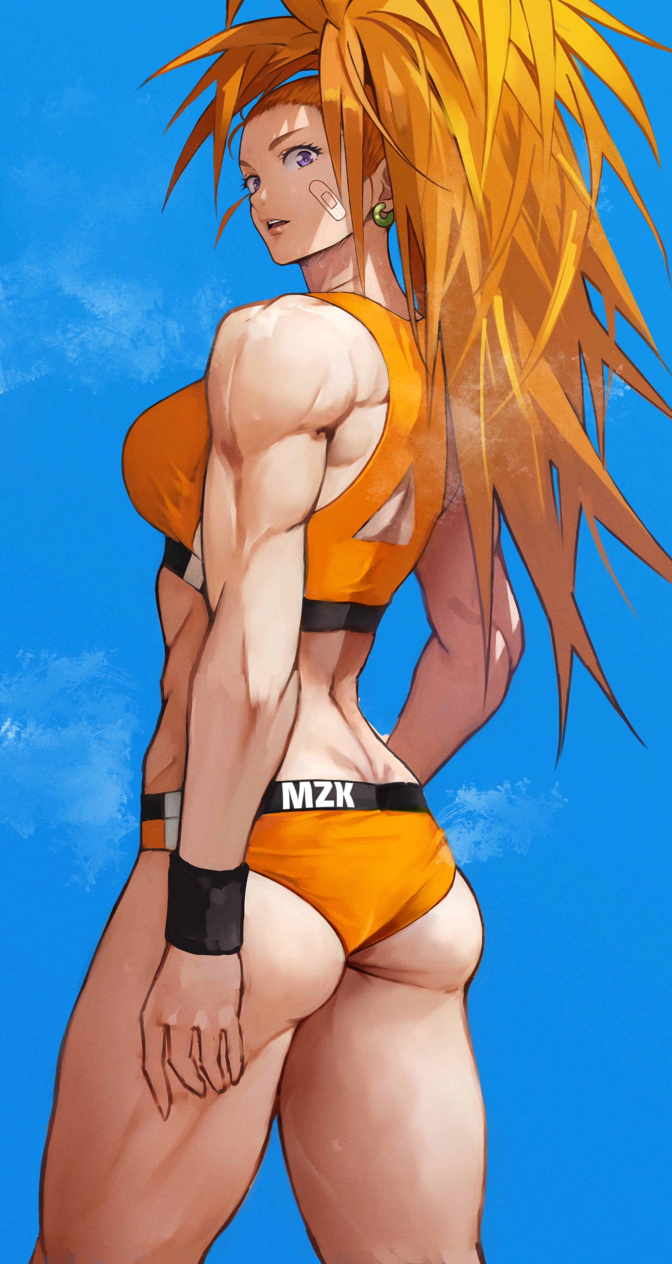 1girls, 2021, absurd res, ass, biceps, buruma, captain mizuki, earrings, female, hi res, long hair, looking at viewer, looking back, muscular, muscular female, one-punch man, open mouth, orange hair, ponytail, purple eyes, simple background, solo, sports bra, sportswear, standing, yoshi55level