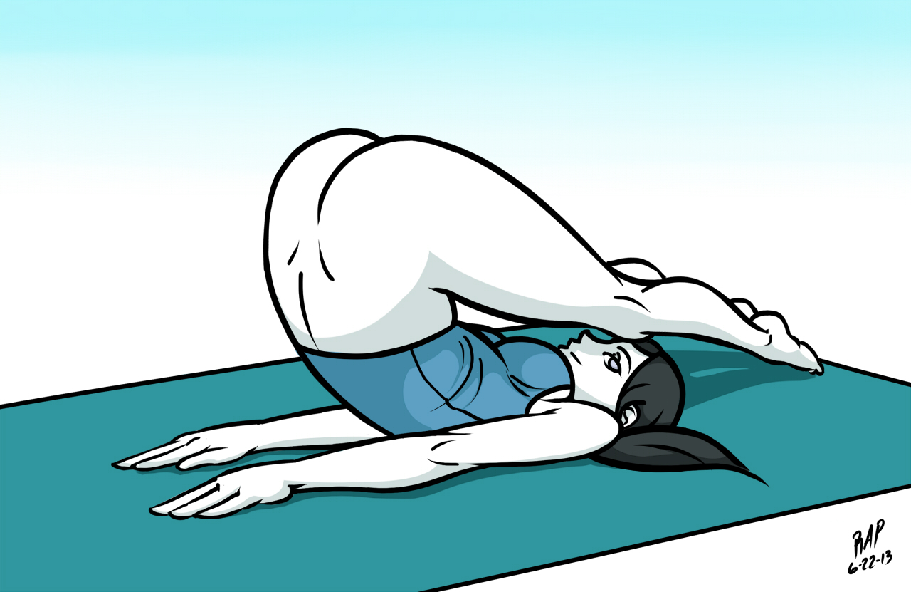 1girls, ass, back, black hair, bottomless, breasts, casual, deadface, female, grey eyes, human, legs, long hair, long legs, nintendo, pale skin, ponytail, sideboob, soles, solo, stretching, super smash bros., text, tied hair, white skin, wii fit, wii fit trainer, wii fit trainer (female), yoga, yoga mat