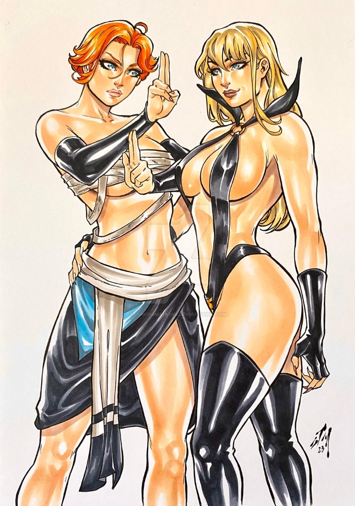 2023 2girls armwear artist_signature big_breasts black_armwear black_clothing black_legwear blonde_hair blue_eyes castlevania castlevania_(netflix) crossover deviantart draculina_(dynamite_comics) duo dynamite_comics ed_benes_studio female female/female female_only hand_on_back human junior_maia konami large_breasts light-skinned_female light_skin long_hair multiple_girls netflix orange_hair partially_clothed revealing_clothes short_hair sling_bikini standing sypha_belnades thighhighs thighs vampire vampire_girl white_background