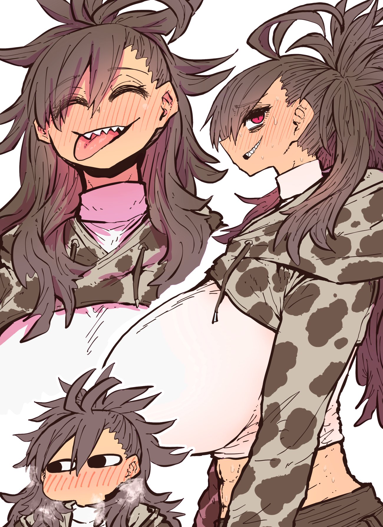 1girls, being targeted by hyena-chan, big breasts, breasts, female, haibara enako, red eyes, sharp teeth, tagme, tongue, zyugoya
