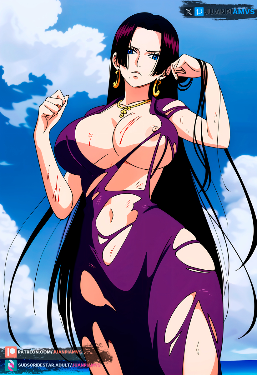 ai_generated big_ass big_breasts black_hair blue_eyes boa_hancock clouds collar curvy curvy_figure dress female female female_only hand_on_head juanpiamvs long_hair nipples one_piece patreon patreon_username semi_nude sky snake_hood standing subscribestar subscribestar_username torn_clothes torn_dress watermark