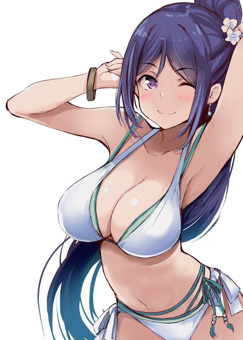 1girls 2d 2d_(artwork) alternate_hairstyle belly_button big_breasts bikini blue_eyes blue_hair bra cleavage female female_focus female_only flower_in_hair flowers front_view genxx12 hourglass_figure huge_breasts long_hair looking_at_viewer love_live! love_live!_sunshine!! lowres matsuura_kanan multi-strapped_bikini one_eye_closed ponytail simple_background smile smiling smiling_at_viewer solo solo_female solo_focus standing summer swimsuit thong thong_bikini two_piece_swimsuit voluptuous voluptuous_female white_background white_bikini young younger_female