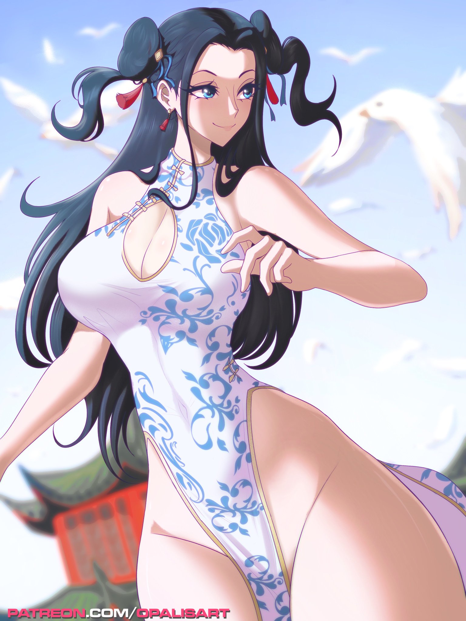 1girls, bare arms, bare breasts, bare legs, bare shoulders, bare thighs, big breasts, black hair, black-haired female, blue eyes, breasts, chinese clothes, clothed, clothing, color, female, female focus, female only, hi res, large breasts, light skin, light-skinned female, long hair, looking at viewer, nico robin, one piece, opalisart, post-timeskip, shounen jump, solo, solo female, tagme, thick thighs
