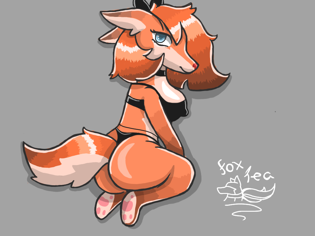 anthro ass big_butt black_clothing blue_eyes breasts canid canine clothing crouching female fox foxtea looking_at_viewer mammal panties raposinha showing_butt solo underwear