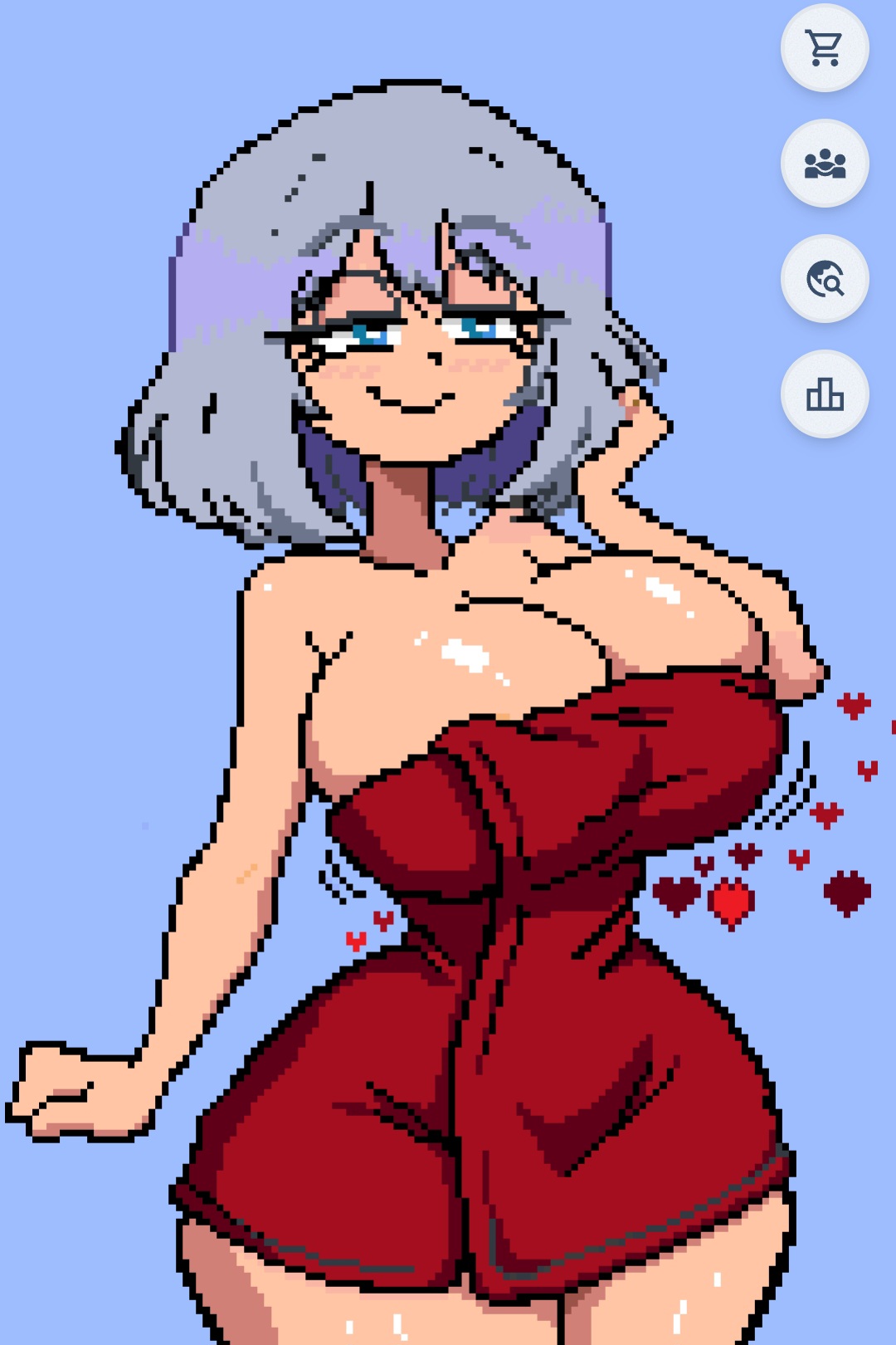 1girls, bangs, big breasts, big smile, blue background, blue eyes, blush, bob cut, breasts, collarbone, curvaceous, curvy, curvy body, curvy female, curvy figure, curvy hips, desrozza, eyelashes, eyes half open, female, grey hair, half-closed eyes, hand on hair, huge boobs, huge breasts, large boobs, large breasts, light skin, light-skinned female, long eyelashes, looking at viewer, pixel art, red towel, shiny, shiny boobs, shiny skin, short hair, silver hair, simple background, small waist, smile, smiling, tejina senpai, tejina senpai (character), thick thighs, thighs, tight fit, tiny waist, towel, towel only, voluptuous, wplace