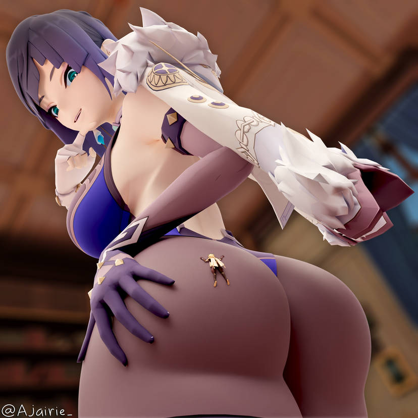 1boy 1girls aether_(genshin_impact) ajairie ass back_view big_ass breasts female genshin_impact giantess macro male tagme thighs yelan_(genshin_impact)