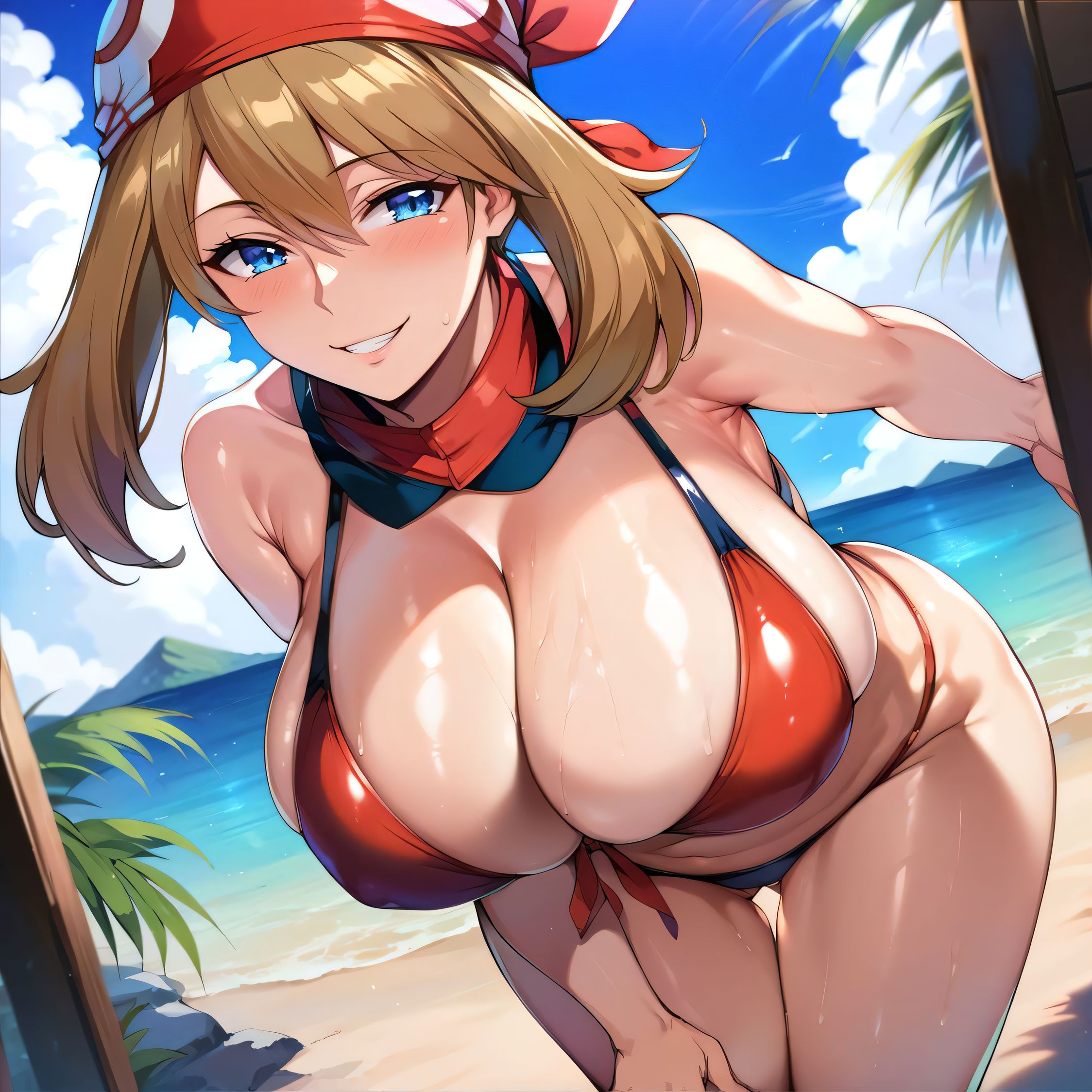 1girls, ai generated, alternate breast size, big breasts, bikini, breasts, busty, curvaceous, curvy, curvy body, curvy female, curvy figure, female, huge breasts, large breasts, may (pokemon), nipples, pokemon, sweat, sweating, sweaty, sweaty body, sweaty breasts, thick thighs, thighs, venus body