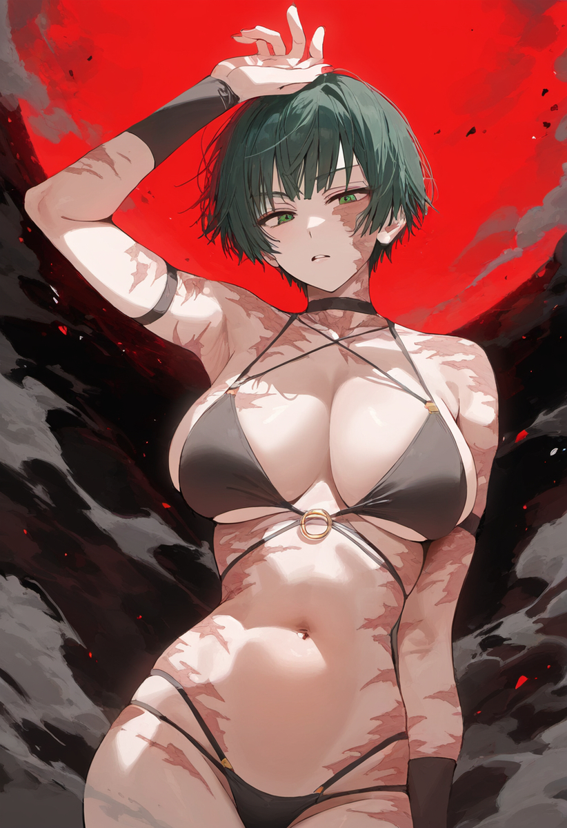 abdomen accessories accessory ai_generated arm_band armpits assertive_female big_breasts bikini black_clothing burn_scar choker dark_green_hair dark_hair expressionless fit_female glaring gothic green_eyes indifferent jujutsu_kaisen looking_at_viewer looking_down_at_viewer messy_hair mommy nail_polish queen red_background scars short_hair strong_woman zenin_maki