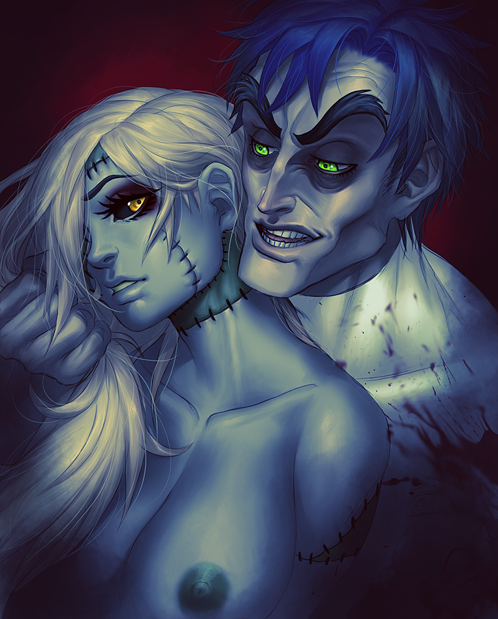 blood blue_hair breasts clothing female green_eyes hair human long_hair male nipples nude pirate-cashoo pirate_cashoo plain_background scientist short_hair stitches teeth undead white_hair yellow_eyes zombie