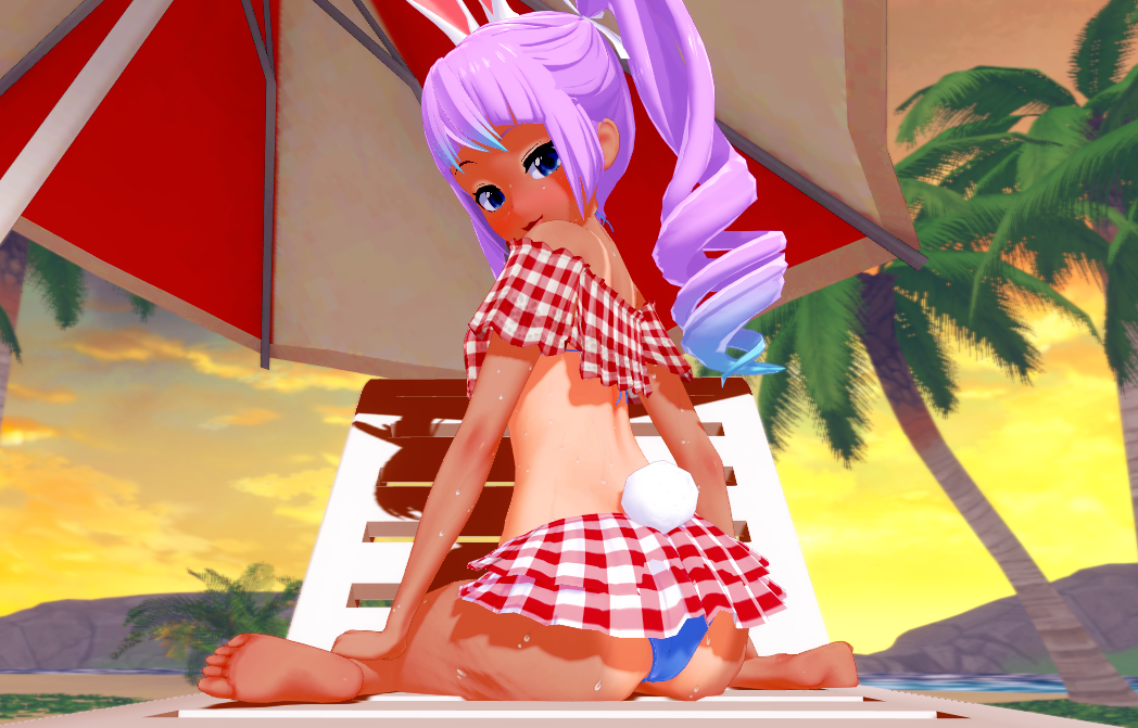 ass back_view beach big_ass big_butt bunny_girl bunny_tail comadre comrade_karin purple_hair swimsuit tan tan_body virtual_youtuber vtuber